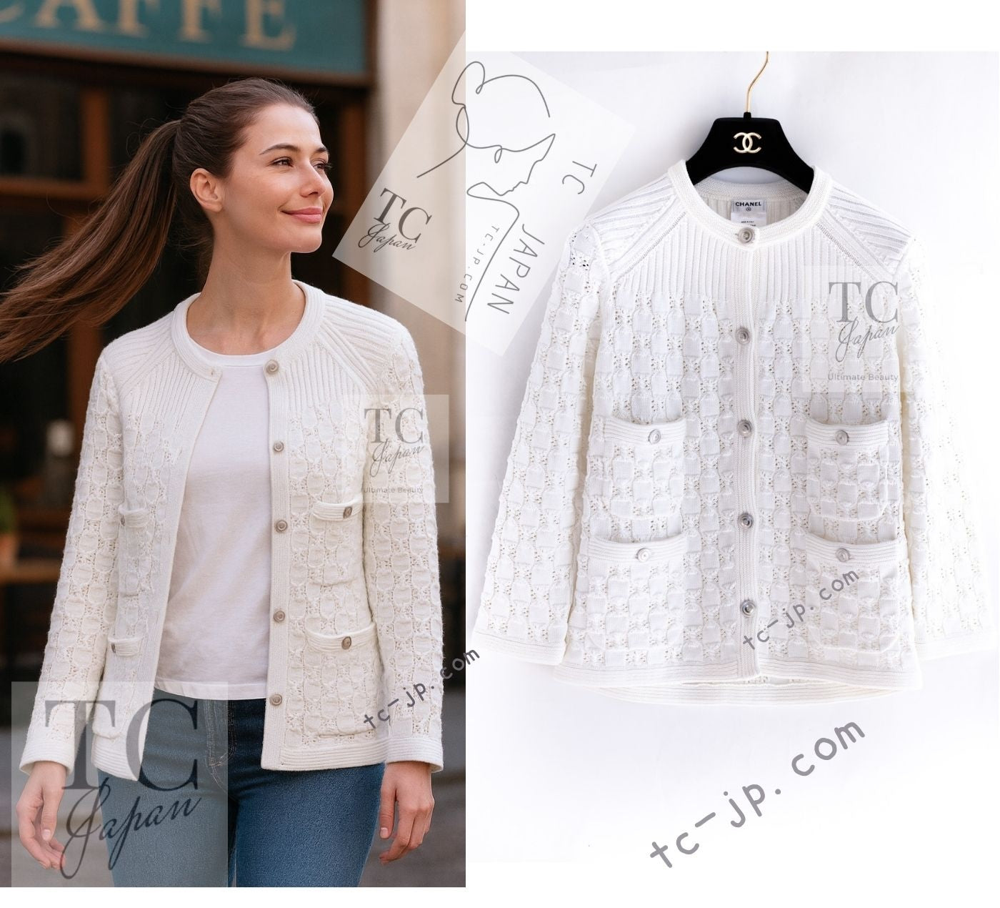 CHANEL 14S White Ivory Silver CC Logo Buttons Knit Cardigan 36 シャネル ホワイト アイボリー シルバー CC ロゴ ココ ボタン ニット カーディガン 即発
