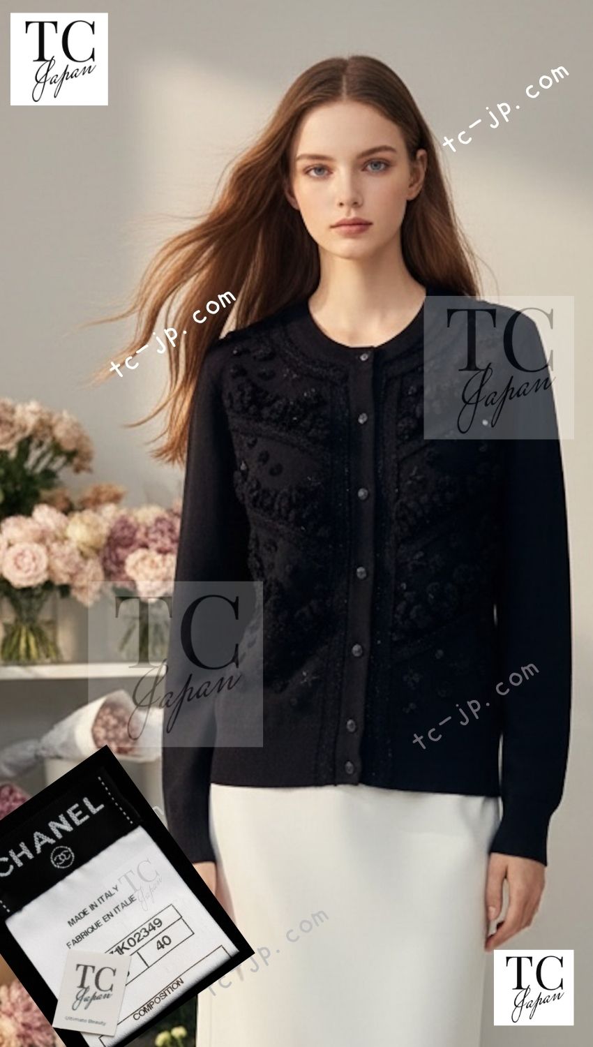 CHANEL Cardigan 09A Black Sequins Cashmere Knit Sequin 36 38 40