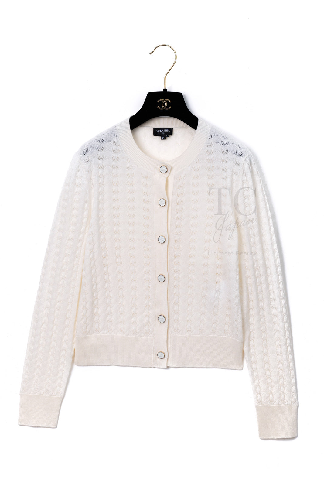 CHANEL 24PA Off White CC Logo Button Cashmere Knit Cardigan 36 38 シャネル オフホワイト ココボタン カシミヤ ニット カーディガン 即発