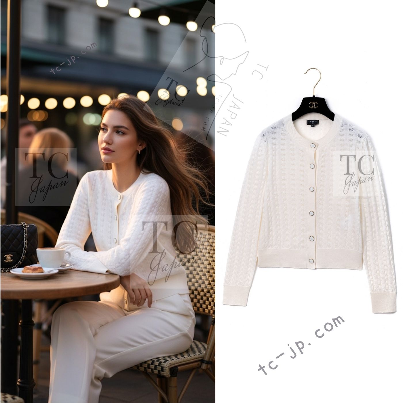 シャネル カーディガン CHANEL 24PA ホワイト CC ロゴ ボタン カシミヤ