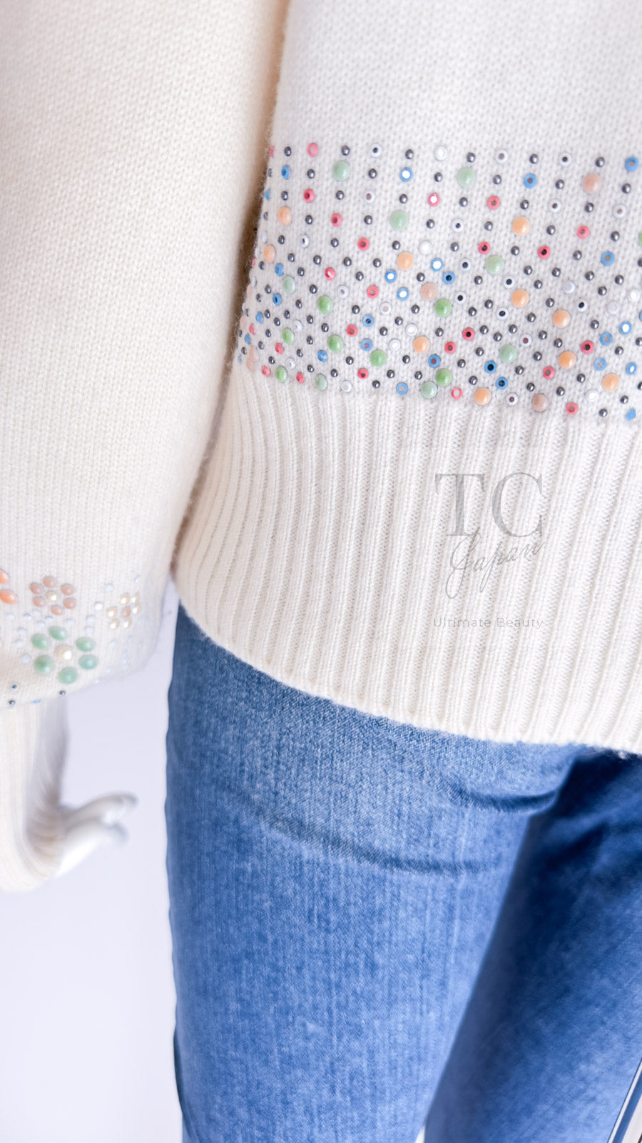 CHANEL 12C Ivory Cashmere 100% Swarovski Knit Cardigan 50 シャネル アイボリー カシミア スワロフスキー ニット カーディガン 即発