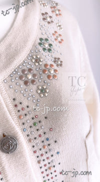 CHANEL 12C Ivory Cashmere 100% Swarovski Knit Cardigan 50 シャネル アイボリー カシミア スワロフスキー ニット カーディガン 即発