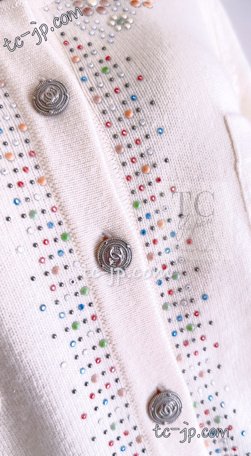 CHANEL 12C Ivory Cashmere 100% Swarovski Knit Cardigan 50 シャネル アイボリー カシミア スワロフスキー ニット カーディガン 即発