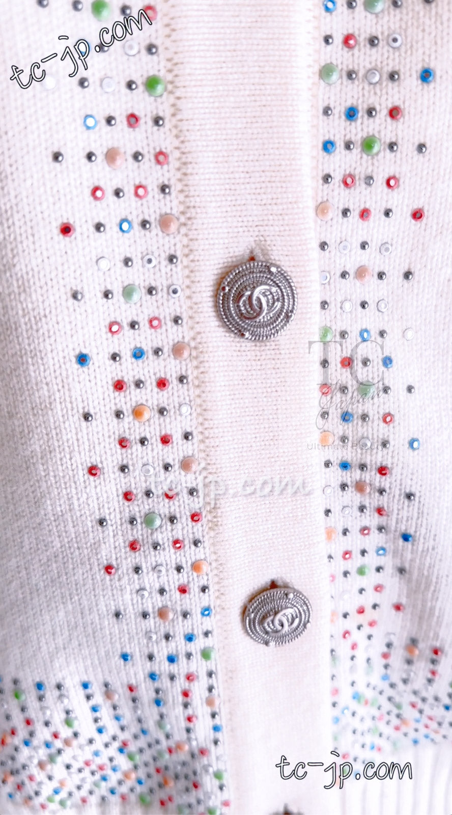 CHANEL 12C Ivory Cashmere 100% Swarovski Knit Cardigan 50 シャネル アイボリー カシミア スワロフスキー ニット カーディガン 即発