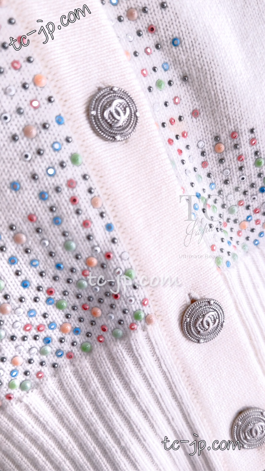 CHANEL 12C Ivory Cashmere 100% Swarovski Knit Cardigan 50 シャネル アイボリー カシミア スワロフスキー ニット カーディガン 即発