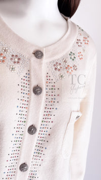 CHANEL 12C Ivory Cashmere 100% Swarovski Knit Cardigan 50 シャネル アイボリー カシミア スワロフスキー ニット カーディガン 即発