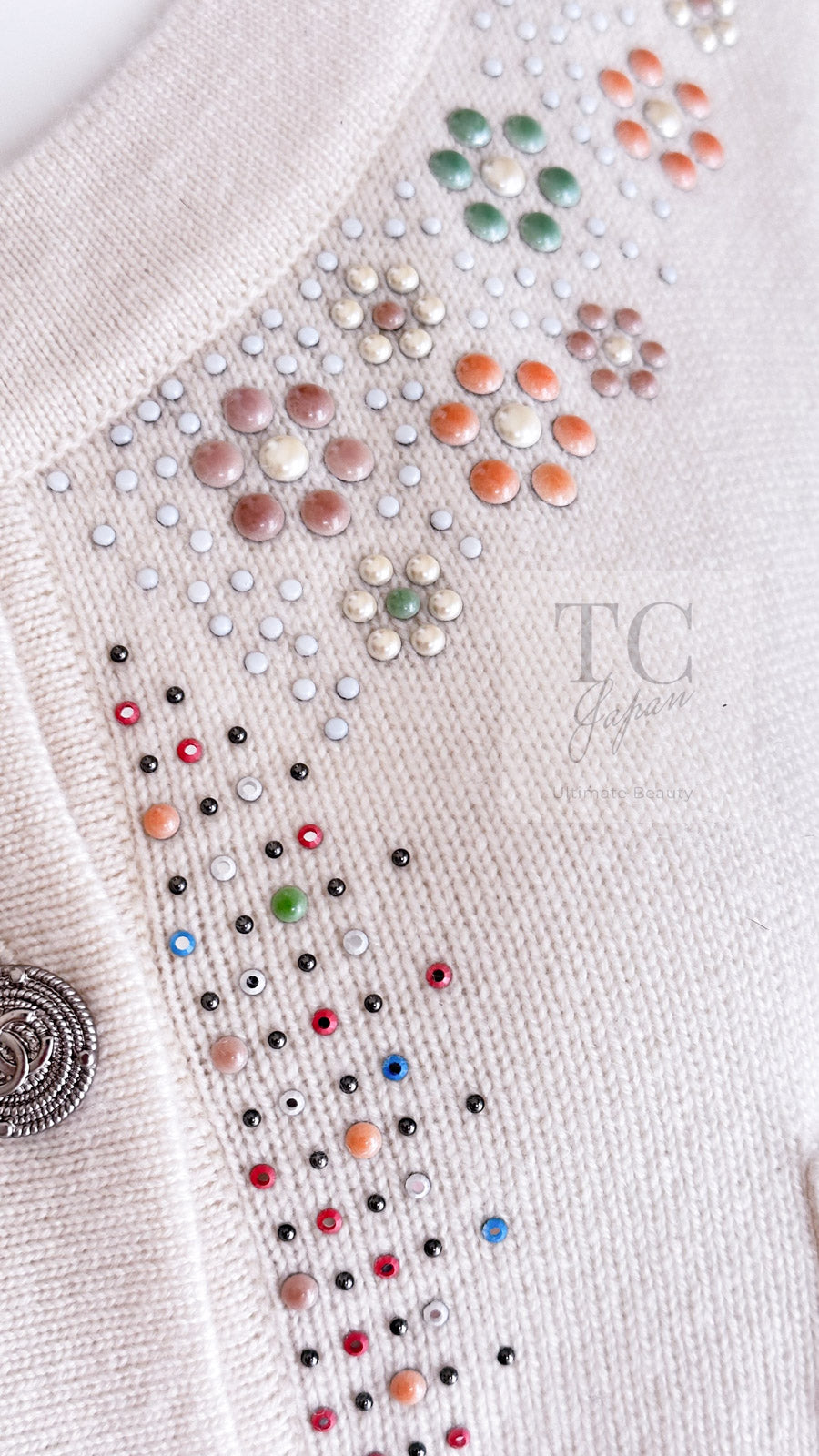 CHANEL 12C Ivory Cashmere 100% Swarovski Knit Cardigan 50 シャネル アイボリー カシミア スワロフスキー ニット カーディガン 即発