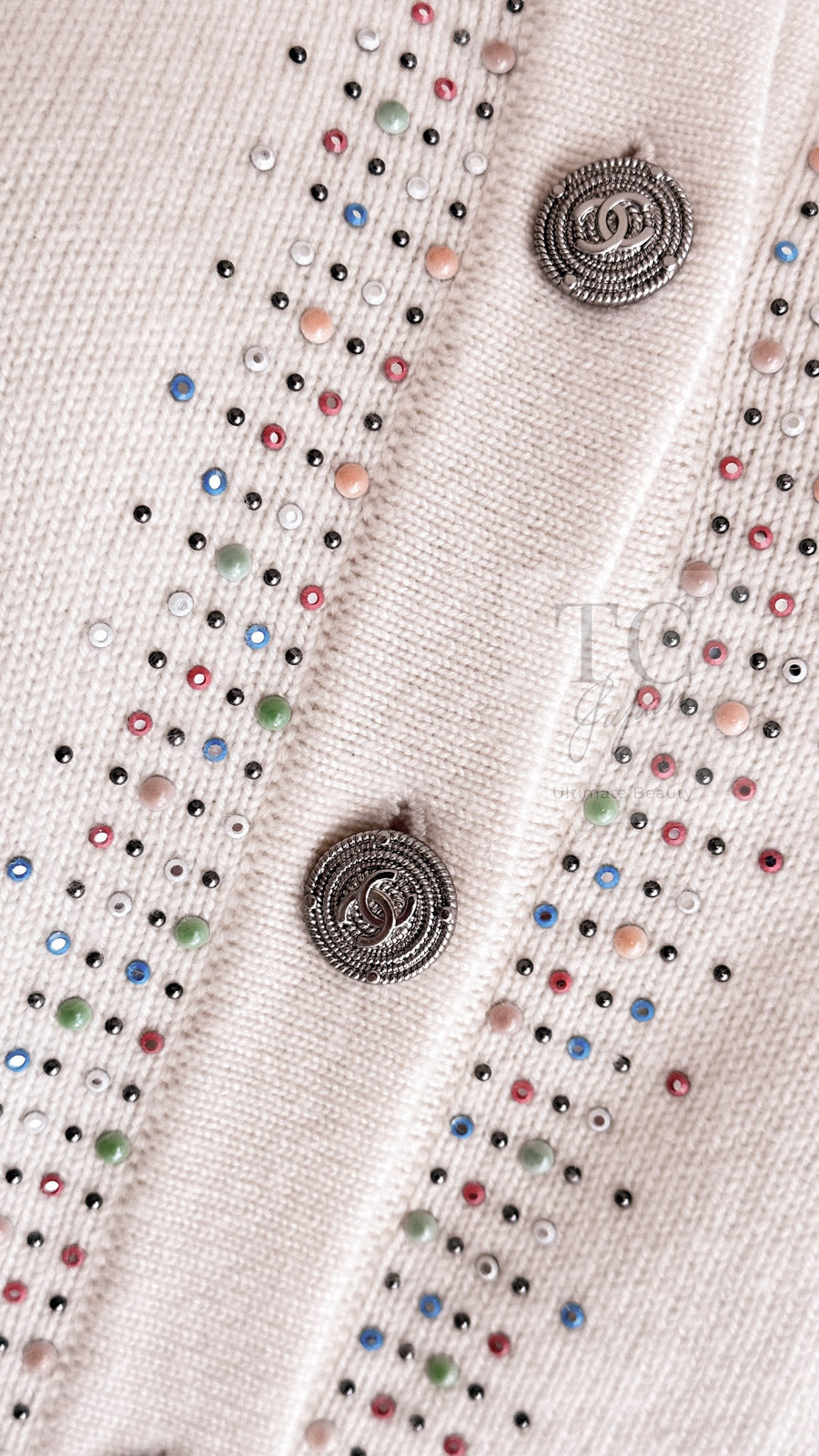 CHANEL 12C Ivory Cashmere 100% Swarovski Knit Cardigan 50 シャネル アイボリー カシミア スワロフスキー ニット カーディガン 即発