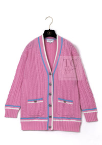 CHANEL 23PS Pink Cashmere Cotton Knit Cardigan CC Logo Button 38 40 シャネル ピンク カシミヤ コットン ケーブル ニット カーディガン ココボタン 即発