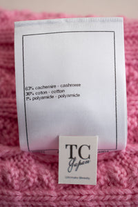 CHANEL 23PS Pink Cashmere Cotton Knit Cardigan CC Logo Button 38 40 シャネル ピンク カシミヤ コットン ケーブル ニット カーディガン ココボタン 即発