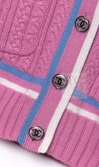 CHANEL 23PS Pink Cashmere Cotton Knit Cardigan CC Logo Button 38 40 シャネル ピンク カシミヤ コットン ケーブル ニット カーディガン ココボタン 即発