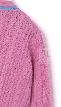 CHANEL 23PS Pink Cashmere Cotton Knit Cardigan CC Logo Button 38 40 シャネル ピンク カシミヤ コットン ケーブル ニット カーディガン ココボタン 即発