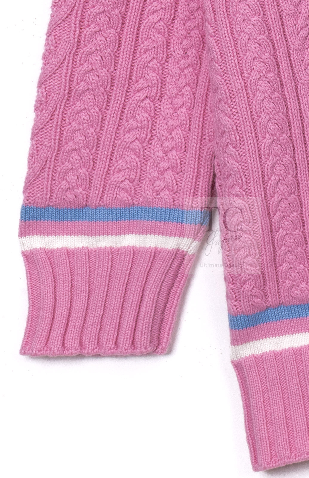 CHANEL 23PS Pink Cashmere Cotton Knit Cardigan CC Logo Button 38 40 シャネル ピンク カシミヤ コットン ケーブル ニット カーディガン ココボタン 即発