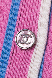CHANEL 23PS Pink Cashmere Cotton Knit Cardigan CC Logo Button 38 40 シャネル ピンク カシミヤ コットン ケーブル ニット カーディガン ココボタン 即発