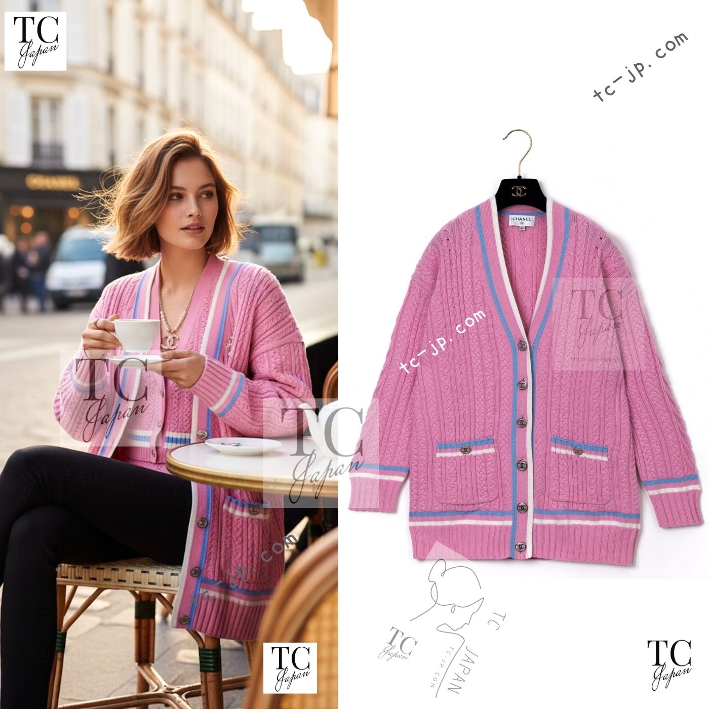 CHANEL 23PS Pink Cashmere Cotton Knit Cardigan CC Logo Button 38 40 シャネル ピンク カシミヤ コットン ケーブル ニット カーディガン ココボタン 即発