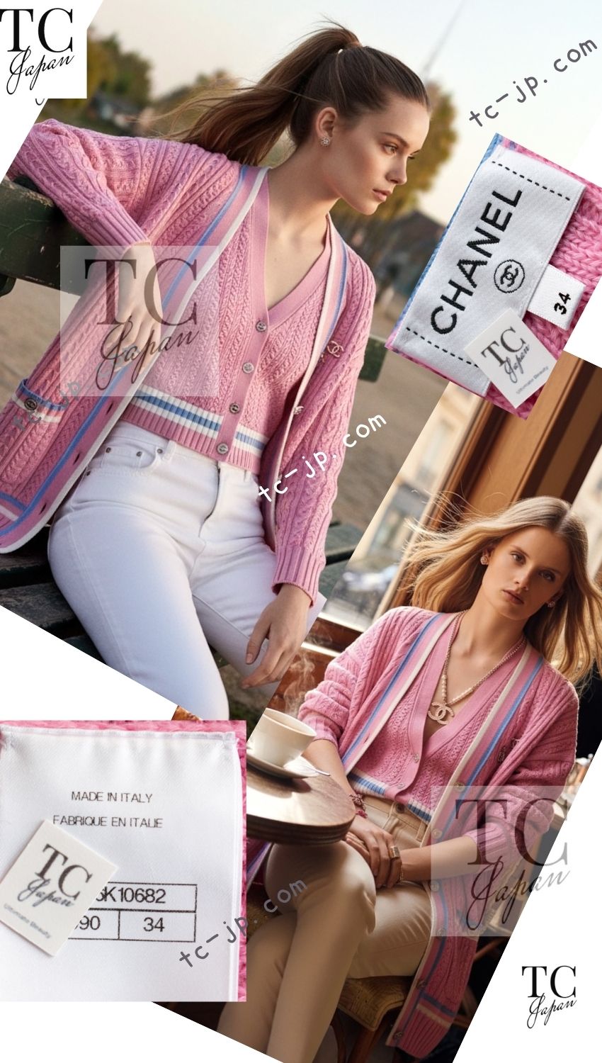 CHANEL 23PS Pink Cashmere Cotton Knit Cardigan CC Logo Button 38 40 シャネル ピンク カシミヤ コットン ケーブル ニット カーディガン ココボタン 即発