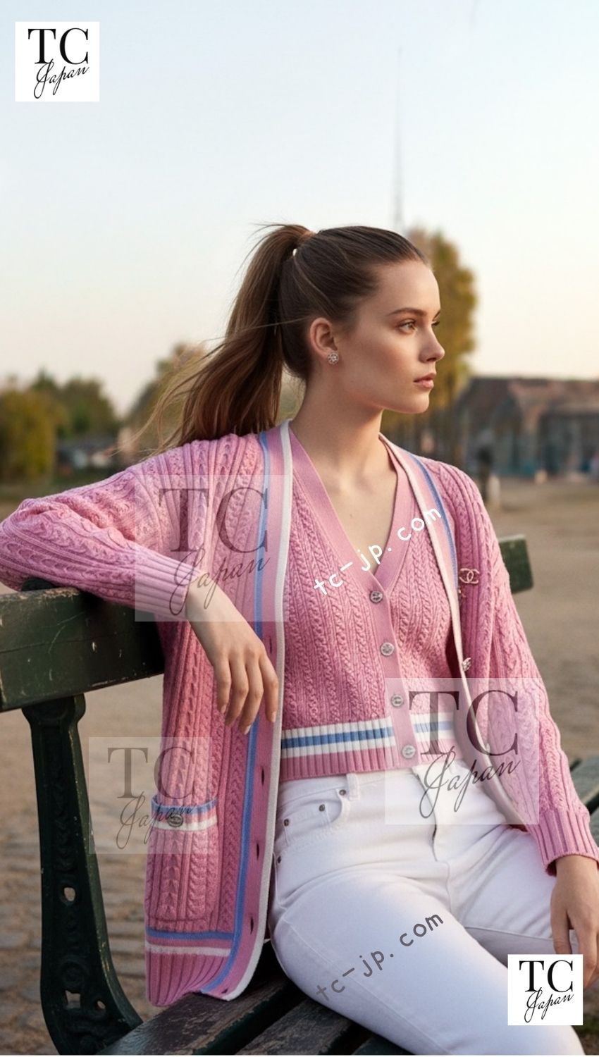 CHANEL 23PS Pink Cashmere Cotton Knit Cardigan CC Logo Button 38 40 シャネル ピンク カシミヤ コットン ケーブル ニット カーディガン ココボタン 即発