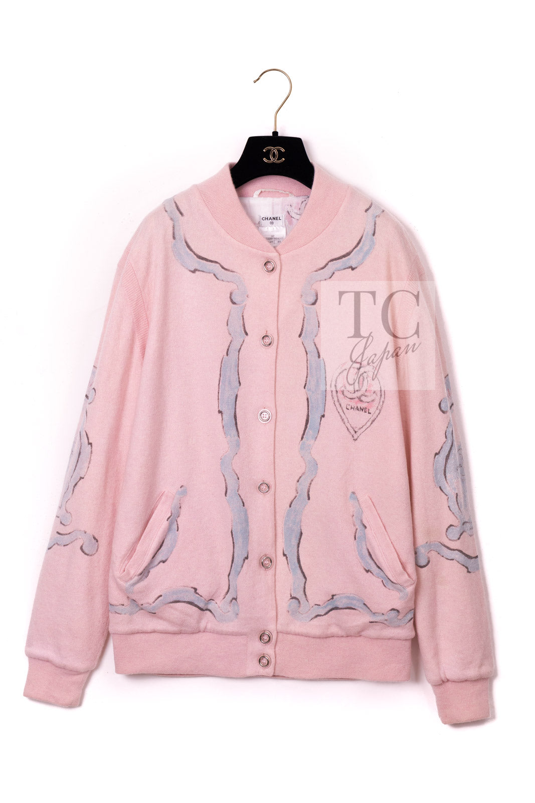 CHANEL Pink CC Logo Cashmere Knit Cardigan Blouson Jacket 44 シャネル ピンク 水彩画 カシミヤ ニット カーディガン ブルゾン ジャケット 即発
