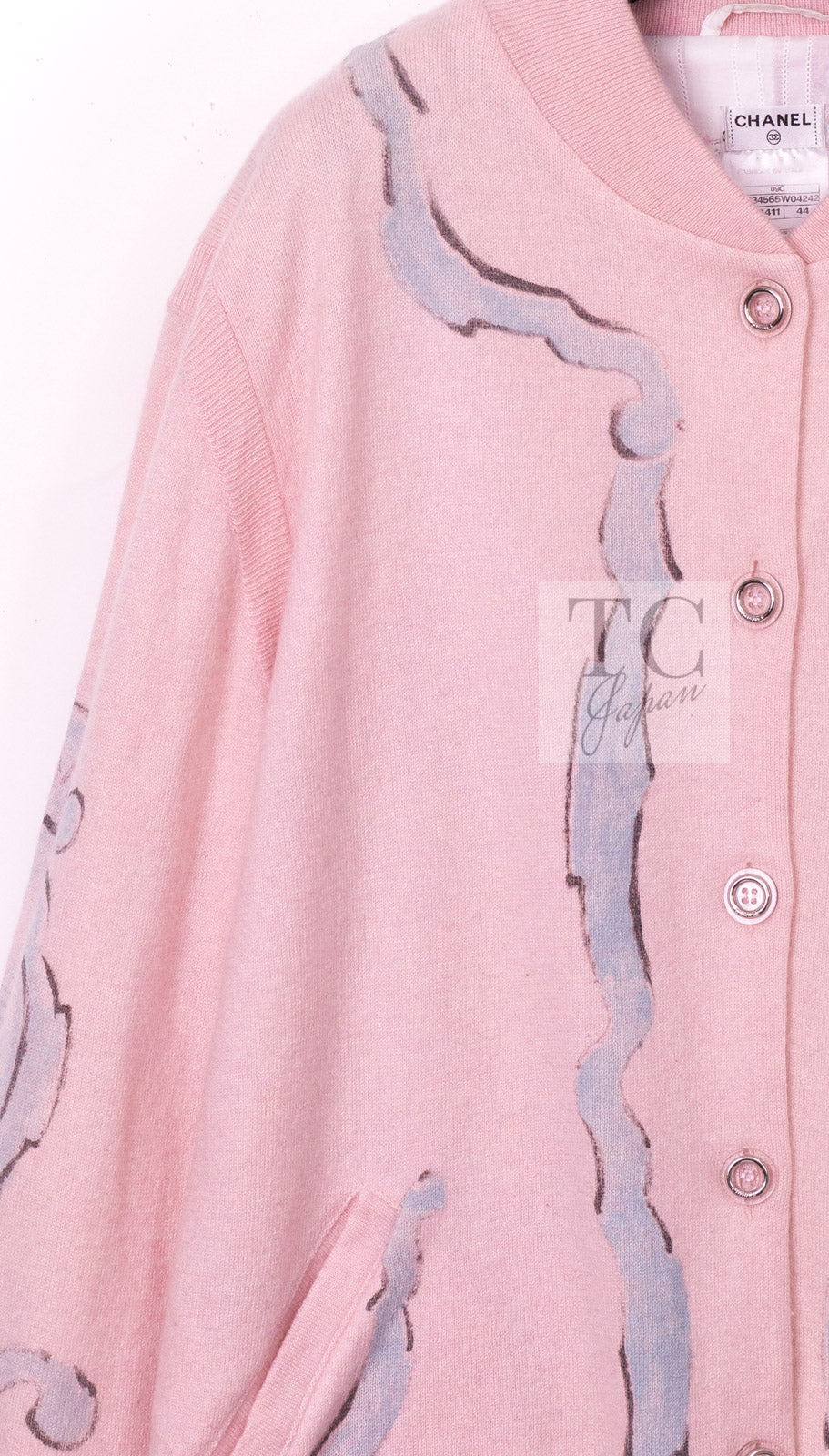 CHANEL Pink CC Logo Cashmere Knit Cardigan Blouson Jacket 44 シャネル ピンク 水彩画 カシミヤ ニット カーディガン ブルゾン ジャケット 即発