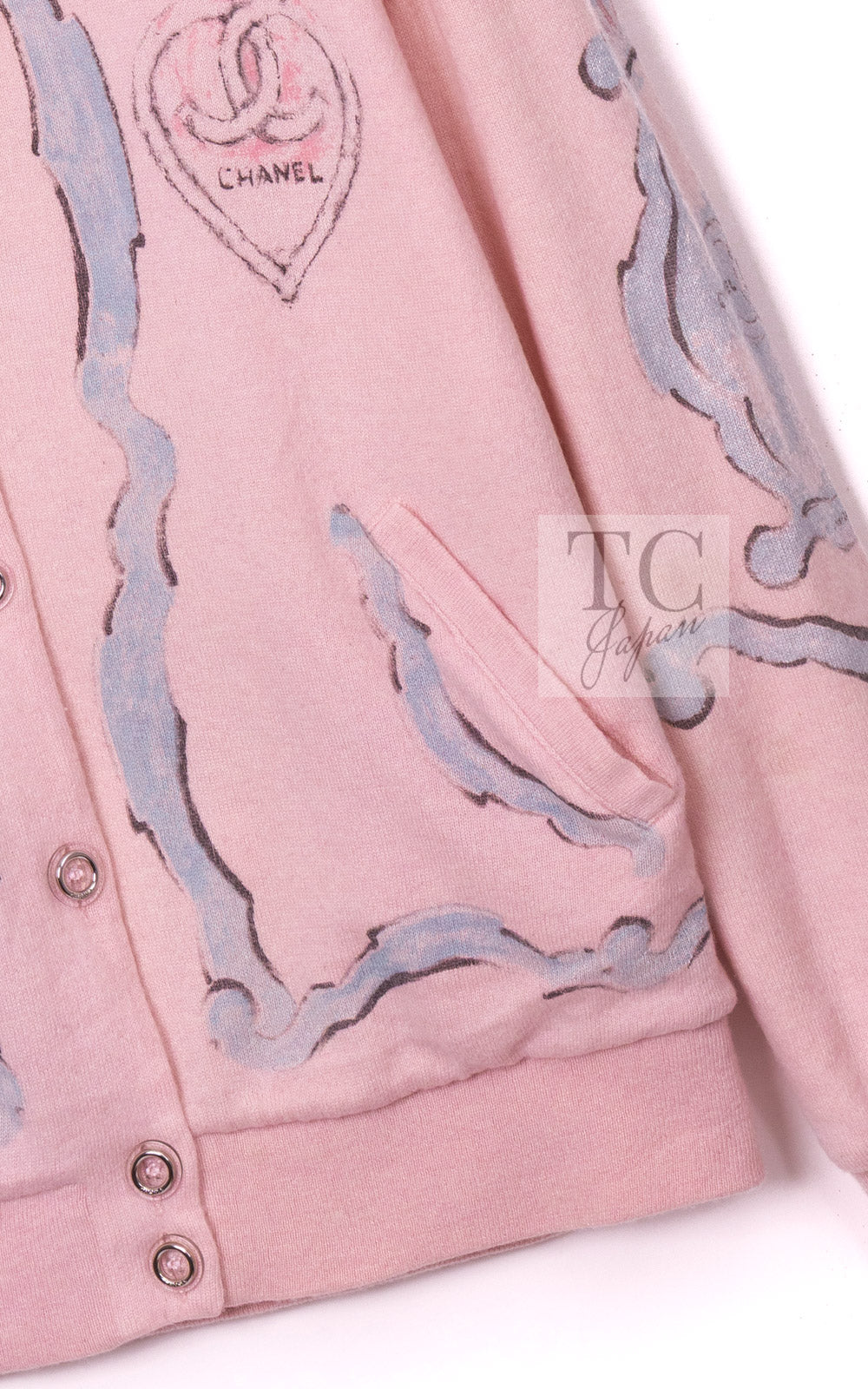 CHANEL Pink CC Logo Cashmere Knit Cardigan Blouson Jacket 44 シャネル ピンク 水彩画 カシミヤ ニット カーディガン ブルゾン ジャケット 即発