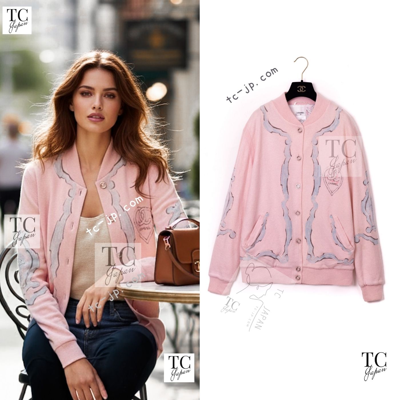 CHANEL Pink CC Logo Cashmere Knit Cardigan Blouson Jacket 44 シャネル ピンク 水彩画 カシミヤ ニット カーディガン ブルゾン ジャケット 即発