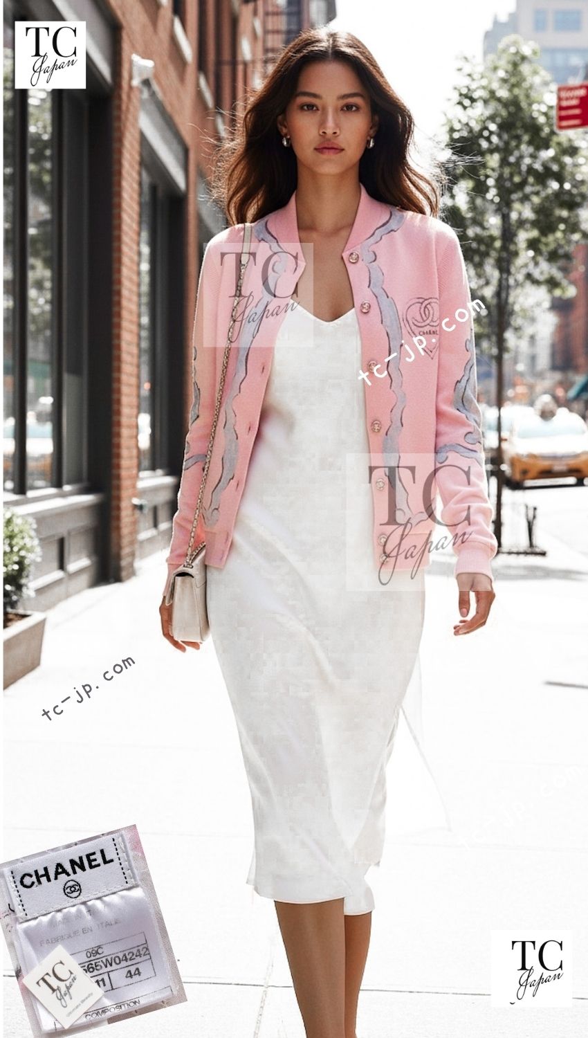 CHANEL Pink CC Logo Cashmere Knit Cardigan Blouson Jacket 44 シャネル ピンク 水彩画 カシミヤ ニット カーディガン ブルゾン ジャケット 即発