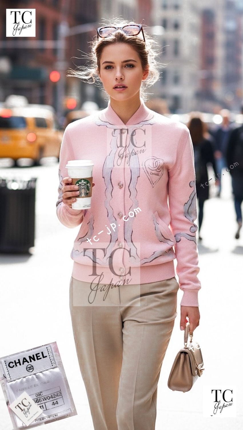 CHANEL Pink CC Logo Cashmere Knit Cardigan Blouson Jacket 44 シャネル ピンク 水彩画 カシミヤ ニット カーディガン ブルゾン ジャケット 即発