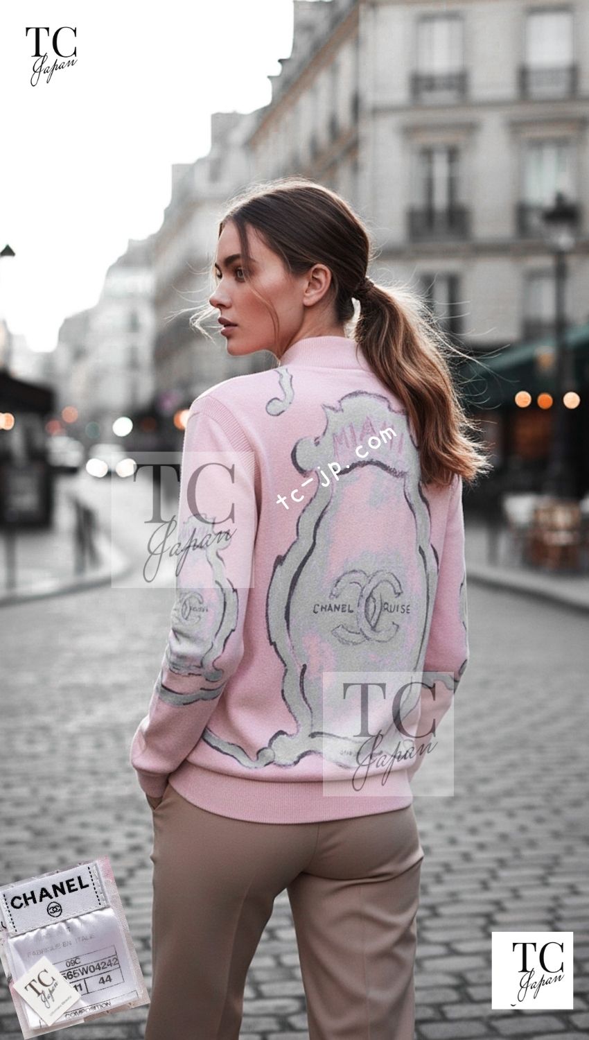 CHANEL Pink CC Logo Cashmere Knit Cardigan Blouson Jacket 44 シャネル ピンク 水彩画 カシミヤ ニット カーディガン ブルゾン ジャケット 即発