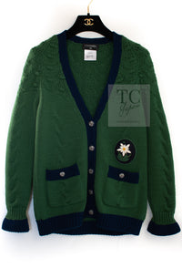 CHANEL 15PF Green Blue Flower Patch Wool Knit Cardigan 36 38 シャネル グリーン お花 ワッペン ウール ニット カーディガン 即発