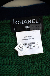 CHANEL 15PF Green Blue Flower Patch Wool Knit Cardigan 36 38 シャネル グリーン お花 ワッペン ウール ニット カーディガン 即発