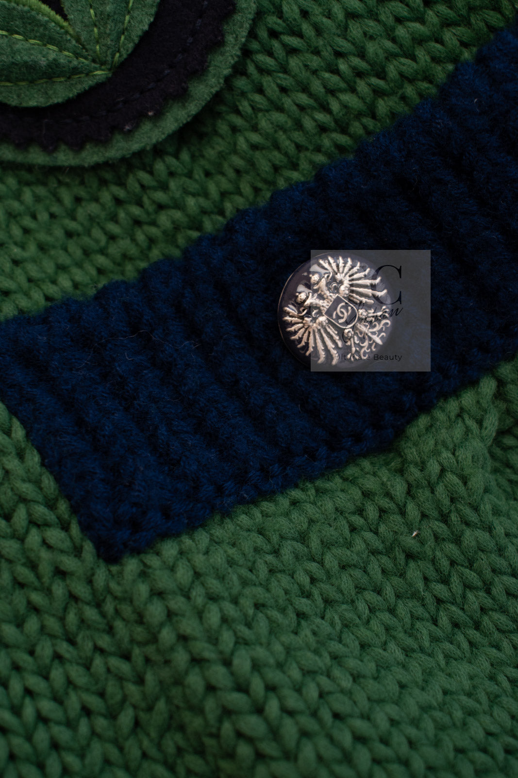 CHANEL 15PF Green Blue Flower Patch Wool Knit Cardigan 36 38 シャネル グリーン お花 ワッペン ウール ニット カーディガン 即発