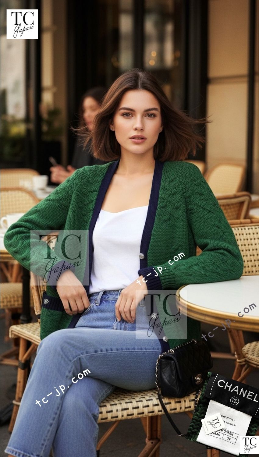 CHANEL 15PF Green Blue Flower Patch Wool Knit Cardigan 36 38 シャネル グリーン お花 ワッペン ウール ニット カーディガン 即発