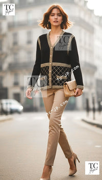 CHANEL Cardigan Dress 15A Black Yellow Gold Quilted Silk Cashmere Mohair Knit 34 36 | UK