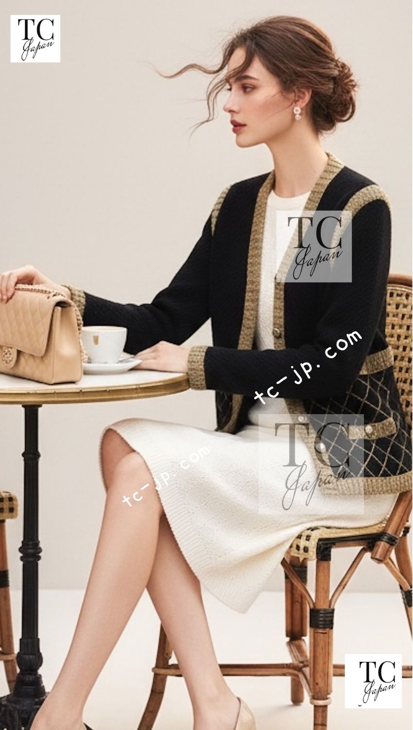 CHANEL Cardigan Dress 15A Black Yellow Gold Quilted Silk Cashmere Mohair Knit 34 36 | UK