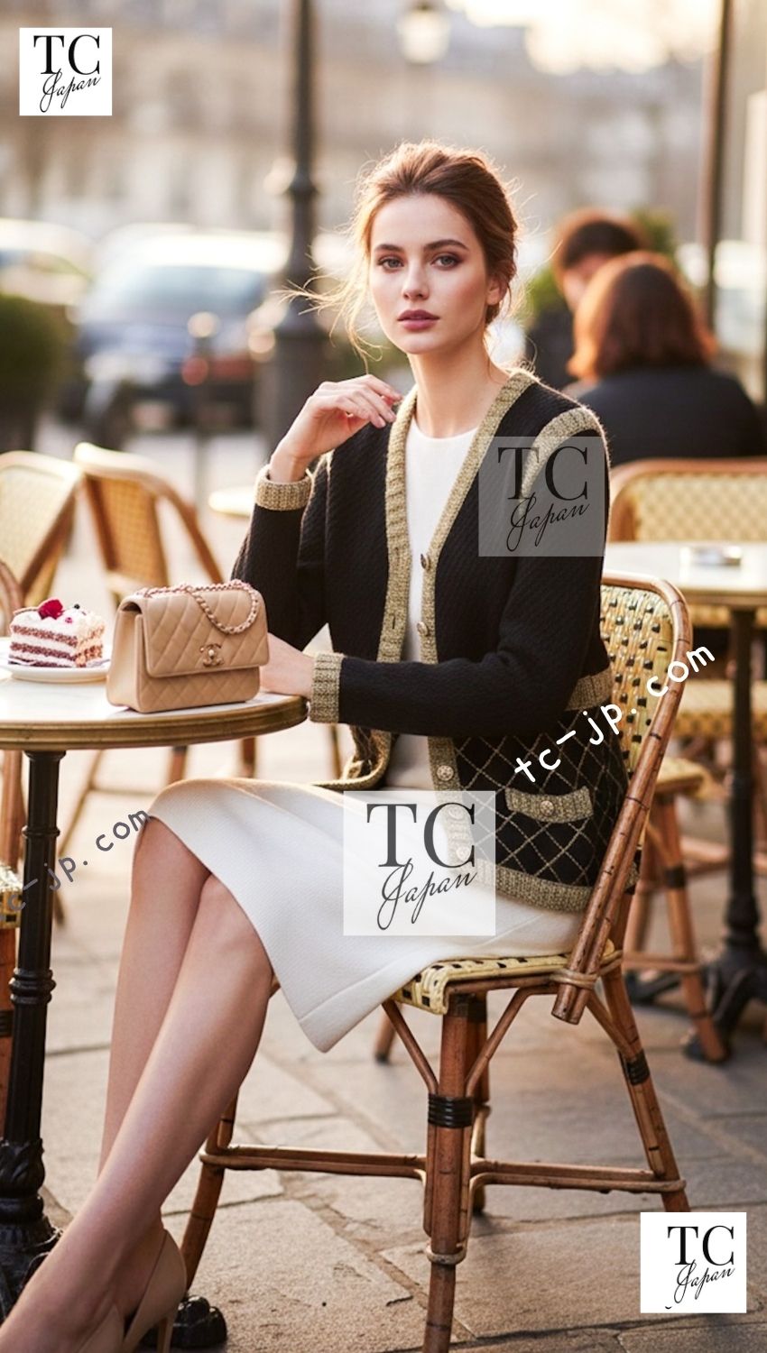 CHANEL Cardigan Dress 15A Black Yellow Gold Quilted Silk Cashmere Mohair Knit 34 36 | UK