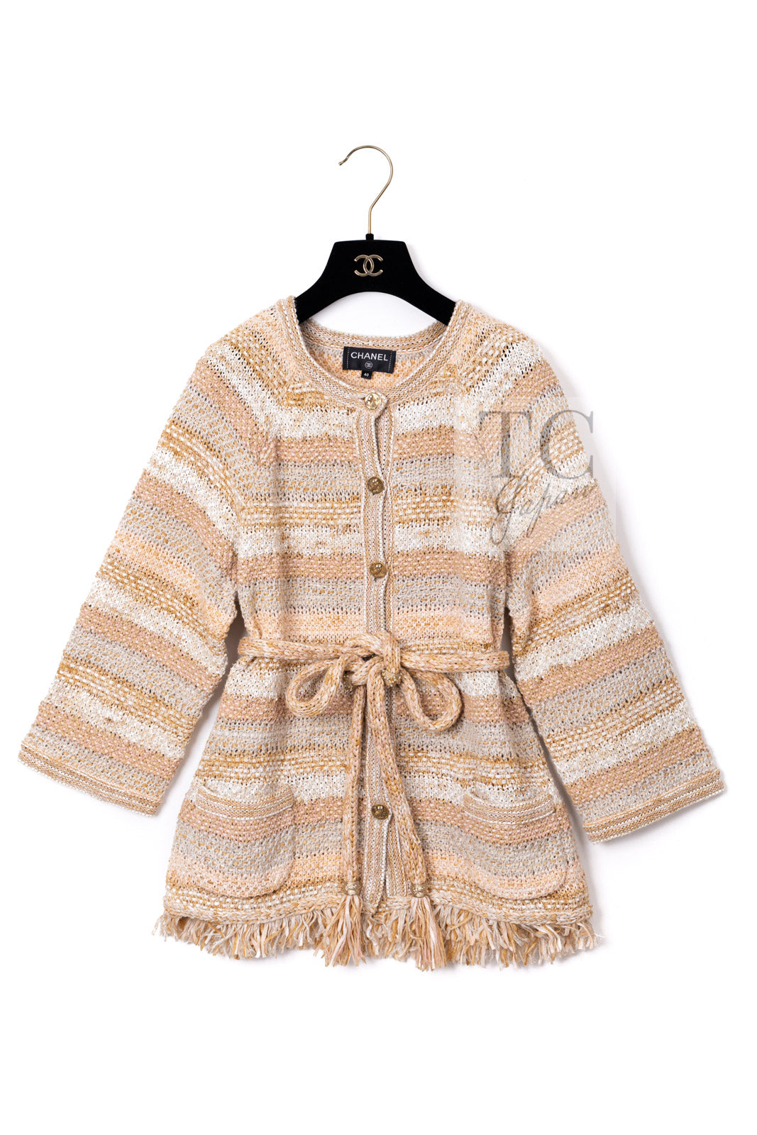 CHANEL 18C Beige Creme Striped Cardigan 40 シャネル ベージュ クリーム ストライプ カーディガン 即発
