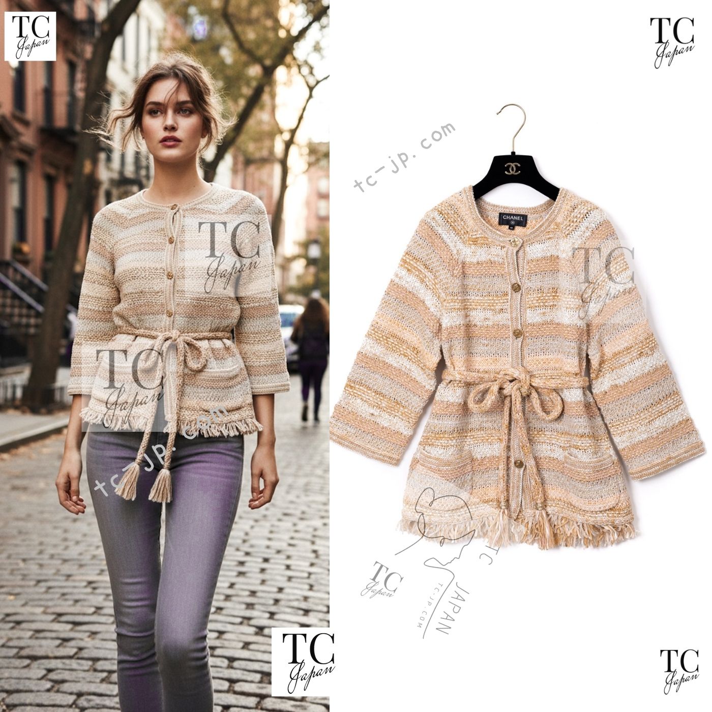 CHANEL 18C Beige Creme Striped Cardigan 40 シャネル ベージュ クリーム ストライプ カーディガン 即発