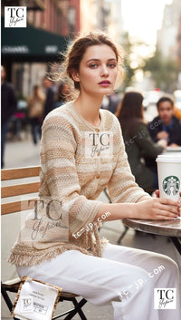 CHANEL 18C Beige Creme Striped Cardigan 40 シャネル ベージュ クリーム ストライプ カーディガン 即発