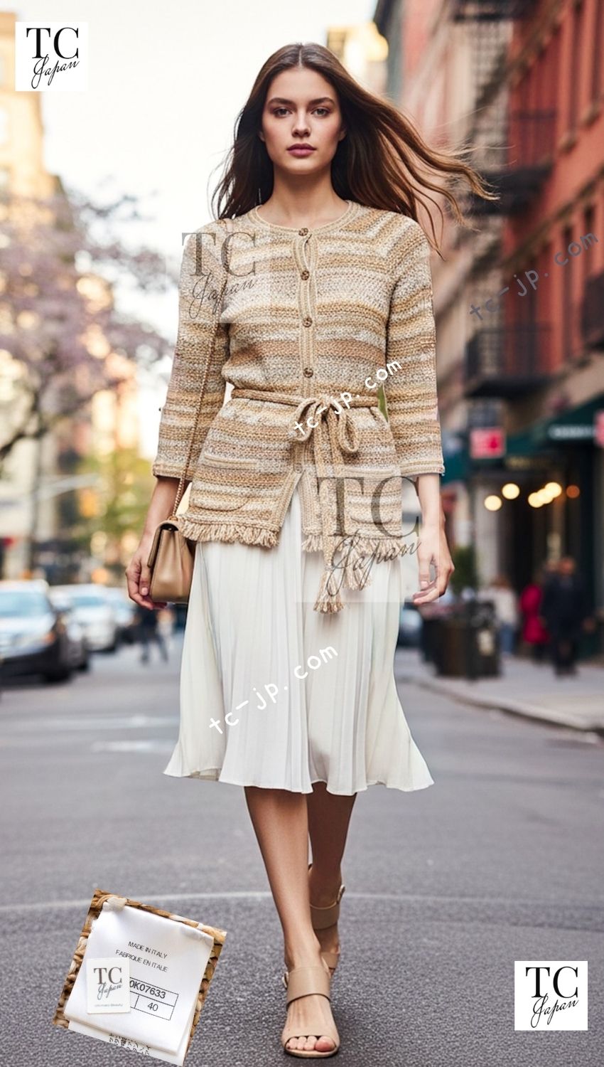 CHANEL 18C Beige Creme Striped Cardigan 40 シャネル ベージュ クリーム ストライプ カーディガン 即発