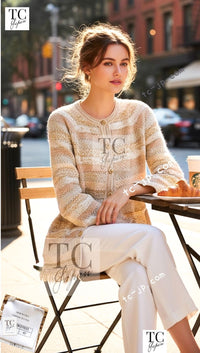 CHANEL 18C Beige Creme Striped Cardigan 40 シャネル ベージュ クリーム ストライプ カーディガン 即発