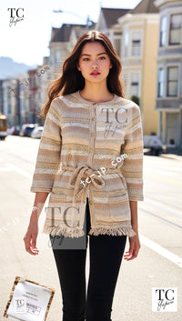 CHANEL 18C Beige Creme Striped Cardigan 40 シャネル ベージュ クリーム ストライプ カーディガン 即発