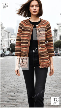 CHANEL 18C Beige Creme Striped Cardigan 40 シャネル ベージュ クリーム ストライプ カーディガン 即発