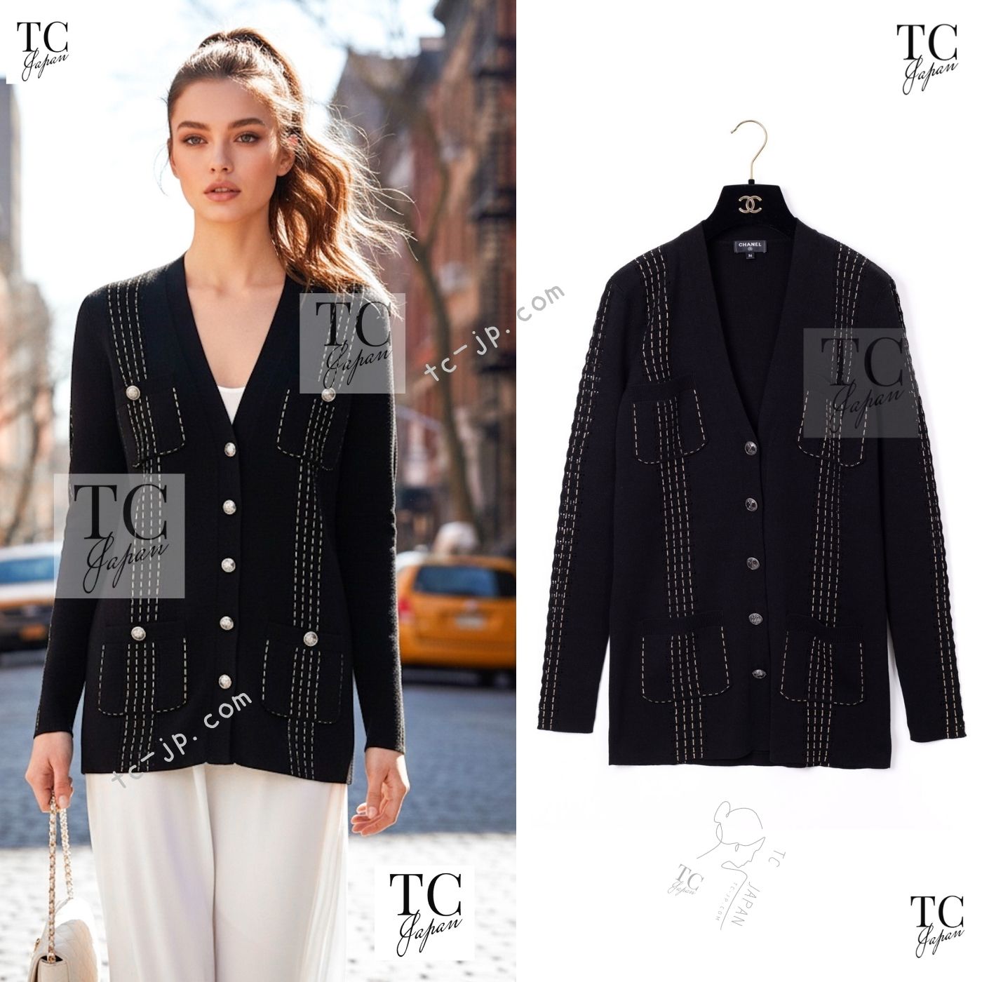CHANEL 17C black beige cotton women's cardigan / シャネル レディース ブラック ベージュ コットン カーディガン