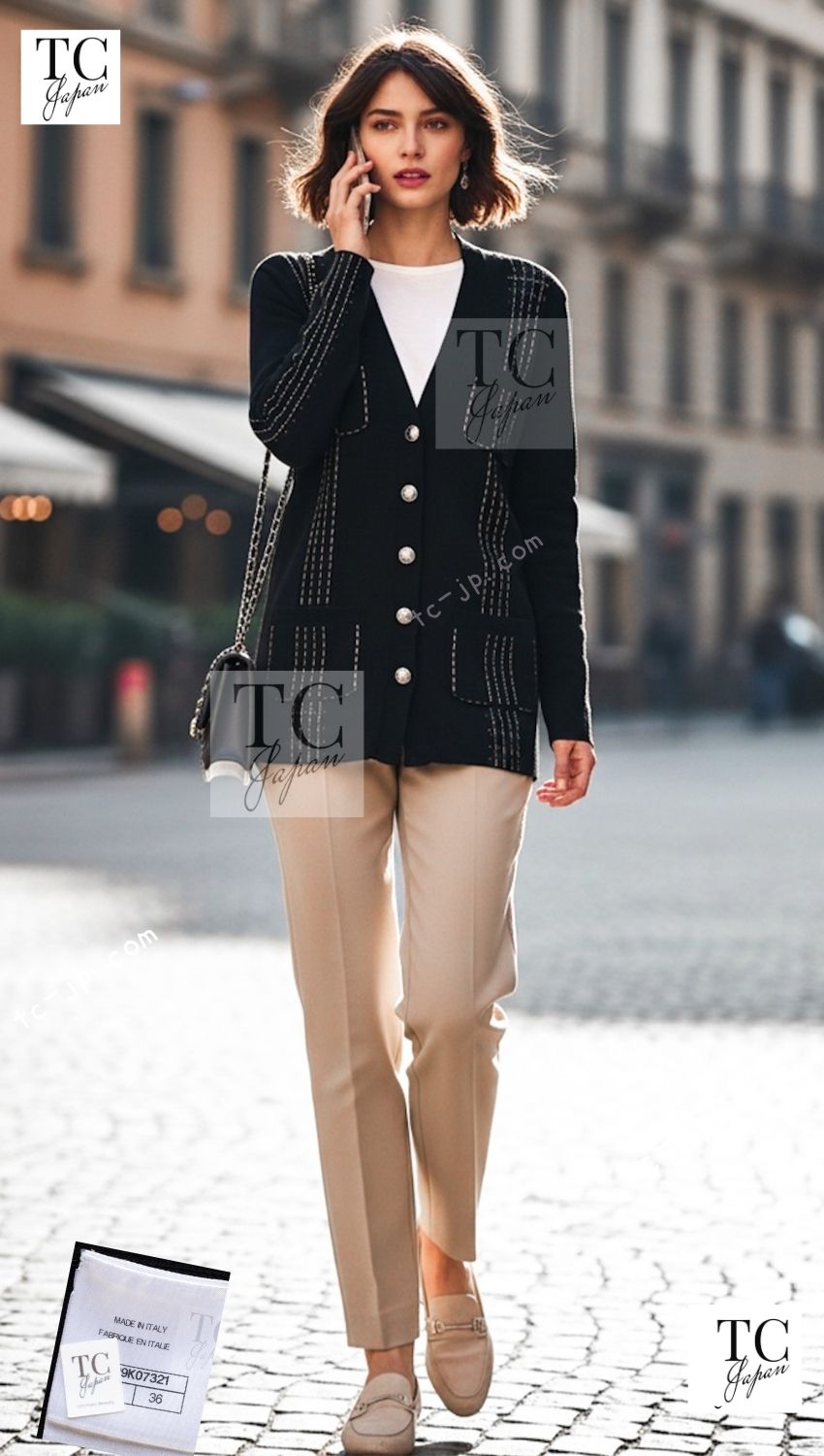 CHANEL 17C black beige cotton women's cardigan / シャネル レディース ブラック ベージュ コットン カーディガン
