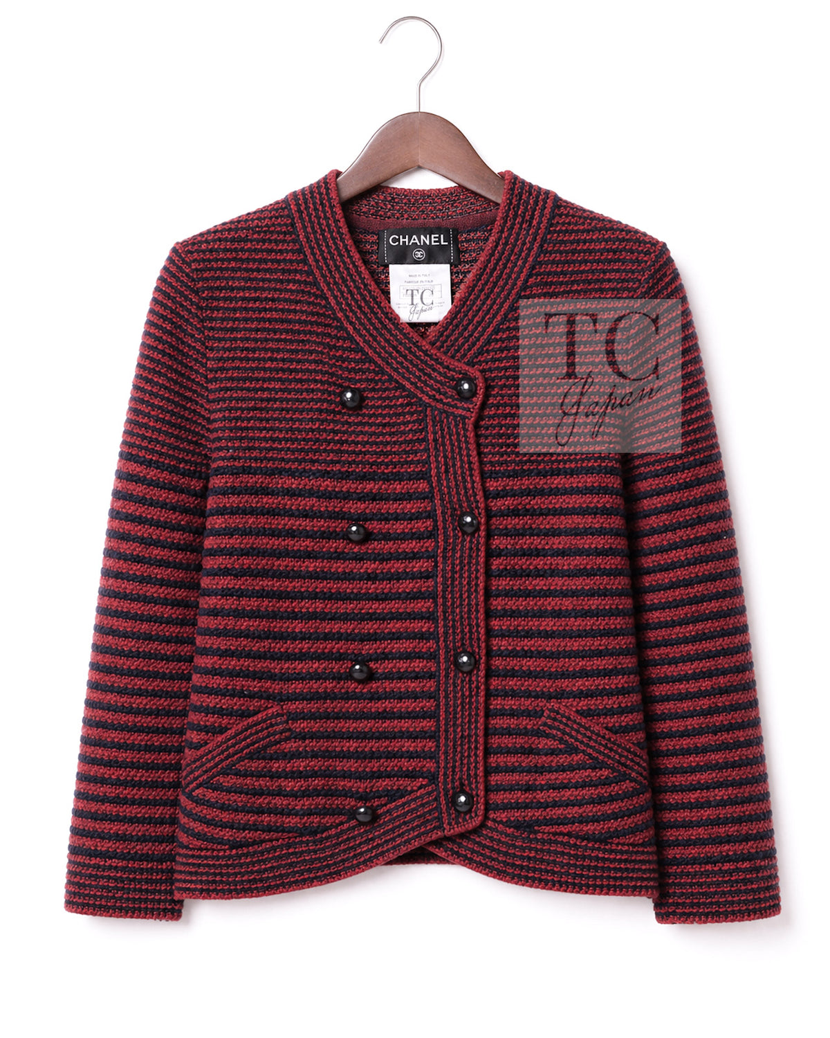 CHANEL 15S Red Blue Stripe Knit Cardigan 38 シャネル レッド ブルー ストライプ ニット カーディガン 即発