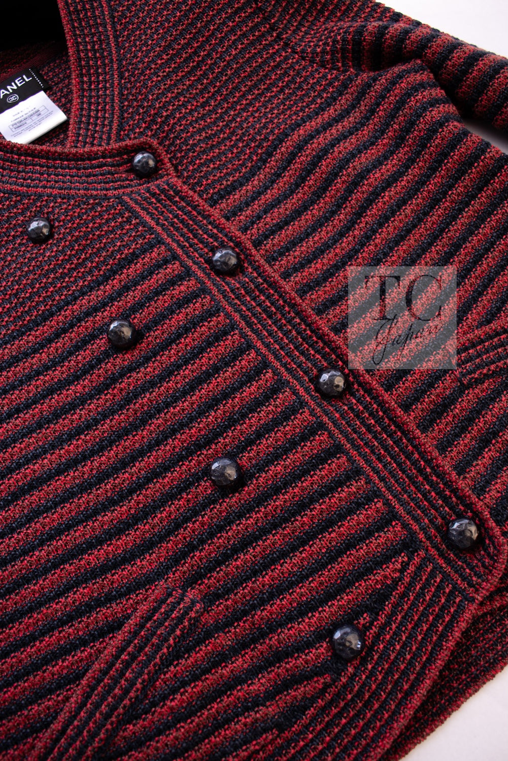 CHANEL 15S Red Blue Stripe Knit Cardigan 38 シャネル レッド ブルー ストライプ ニット カーディガン 即発