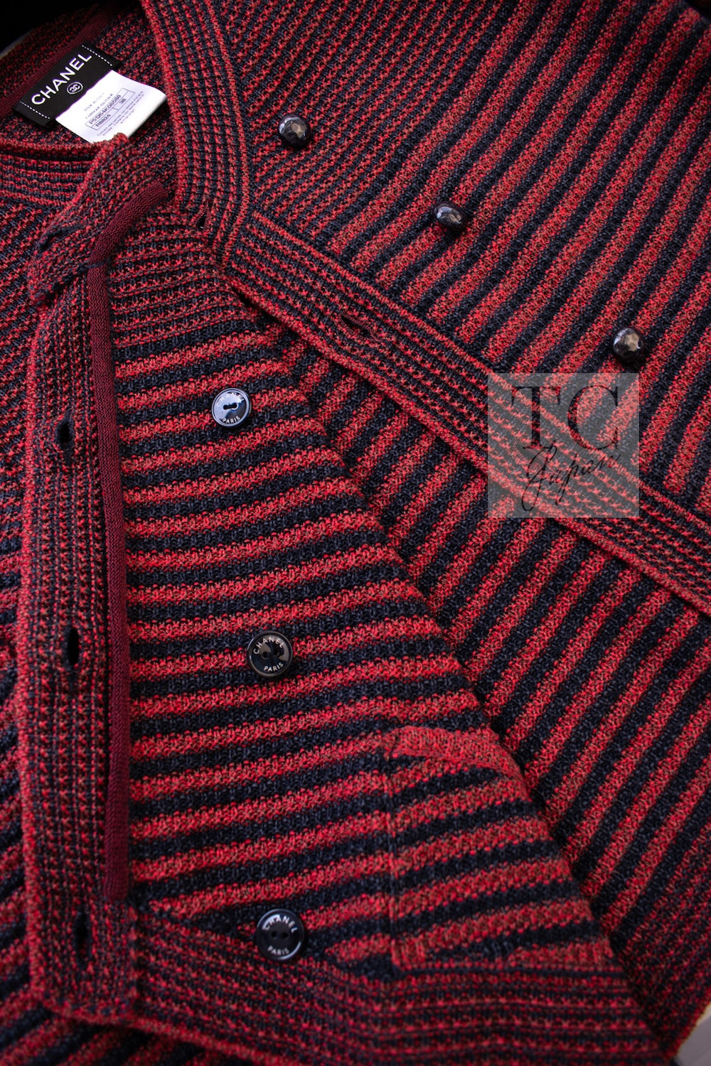 CHANEL 15S Red Blue Stripe Knit Cardigan 38 シャネル レッド ブルー ストライプ ニット カーディガン 即発