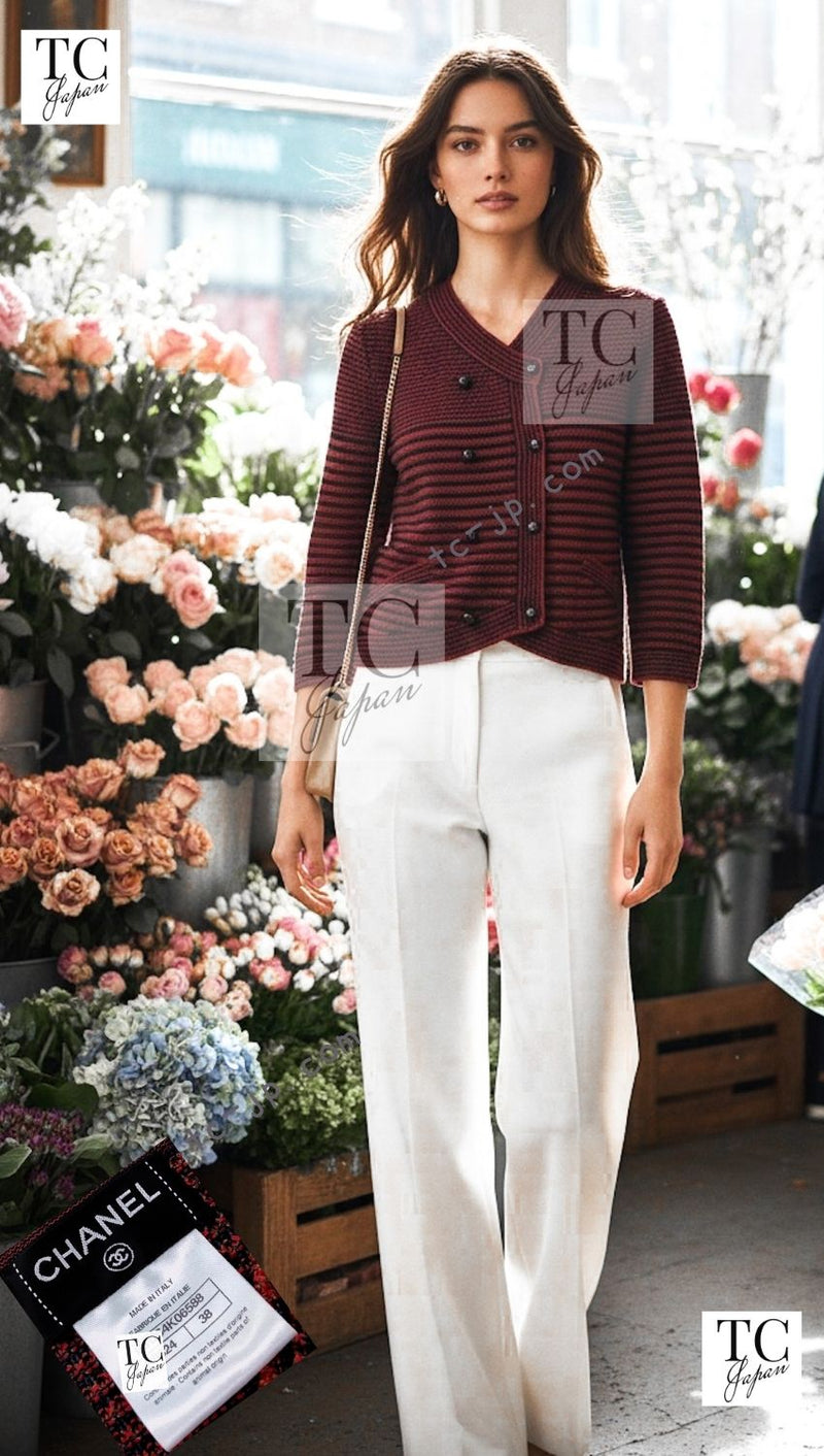 CHANEL 15S Red Blue Stripe Knit Cardigan 38 シャネル レッド ブルー ストライプ ニット カーディガン 即発