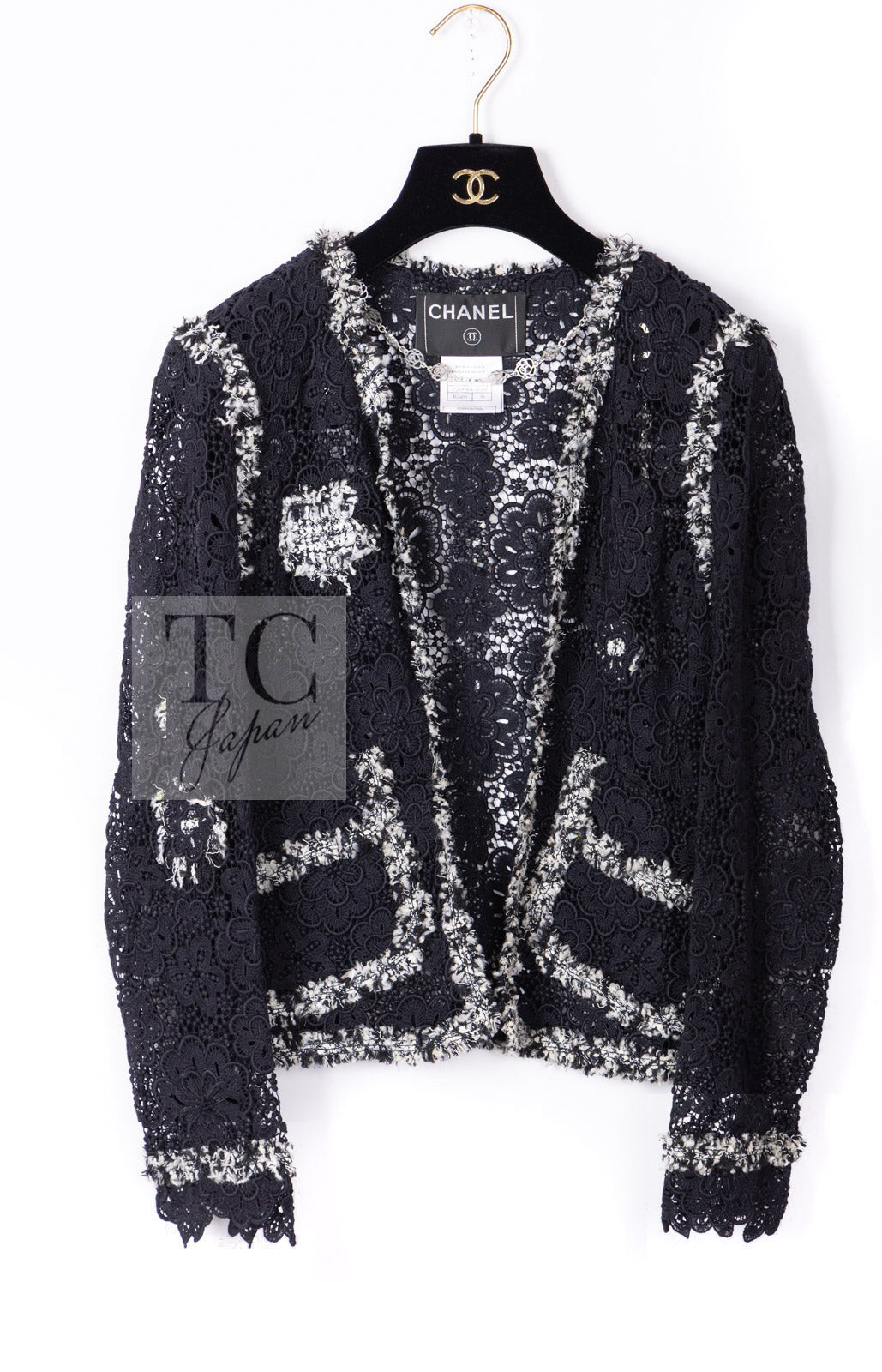 CHANEL 04S Camellia Pale Black Lace Cardigan Jacket 38 シャネル カメリア ブラック レース カーディガン ジャケット 即発