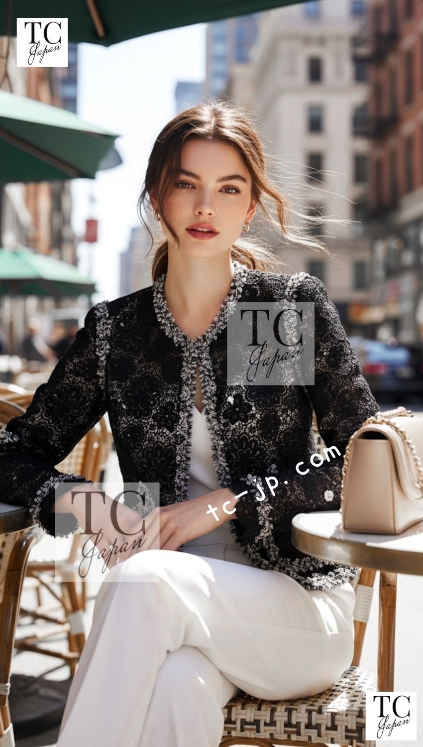 CHANEL 04S Camellia Pale Black Lace Cardigan Jacket 38 シャネル カメリア ブラック レース カーディガン ジャケット 即発